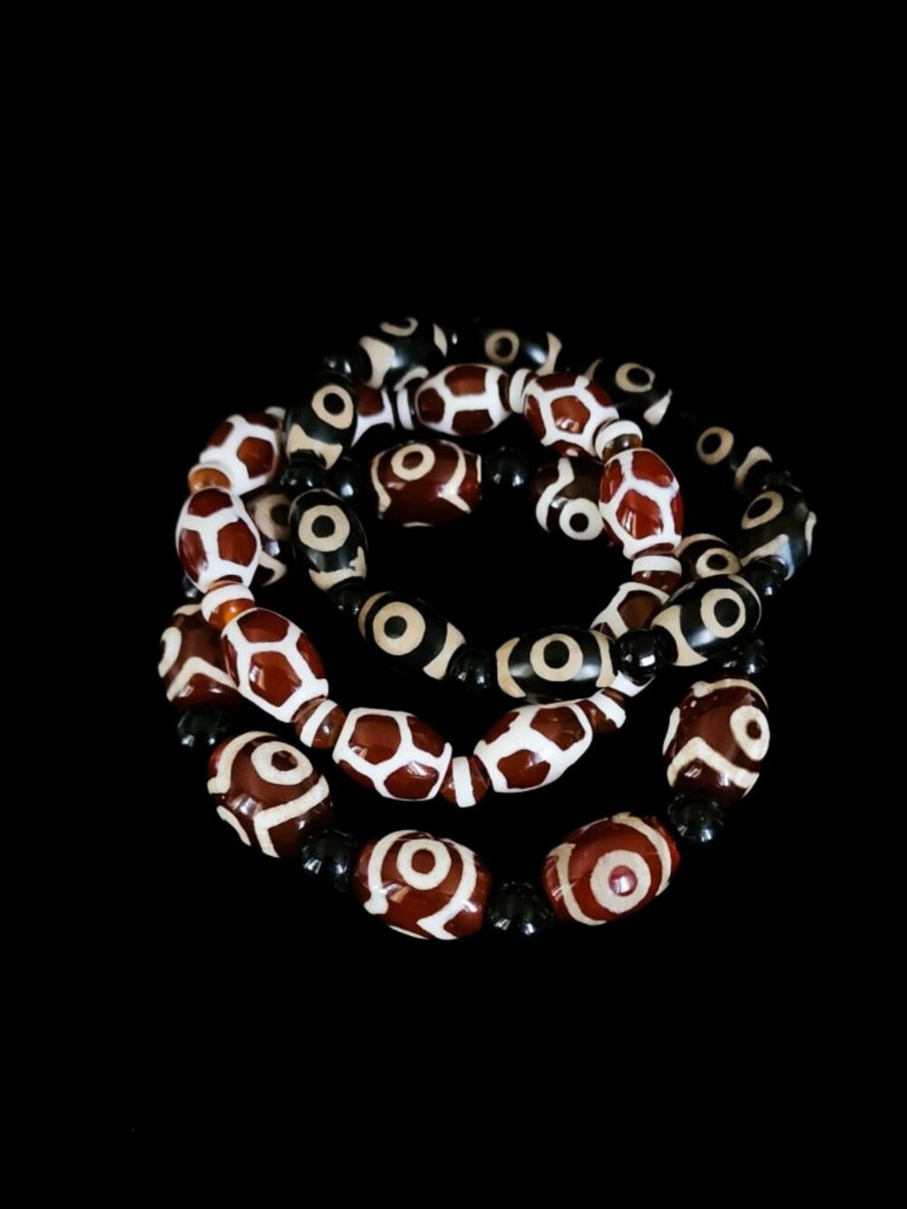 VINTAGE 1990s Tibetan Dzi Bead Agate Bracelet Set - Rare Lot of 3